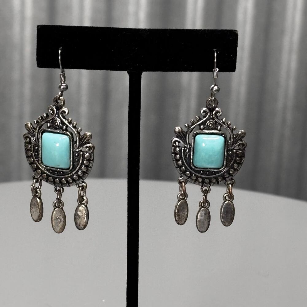 Boho Silver‎ Tone Dangle Earrings  Blue Faux Turquoise Southwest Festival Style